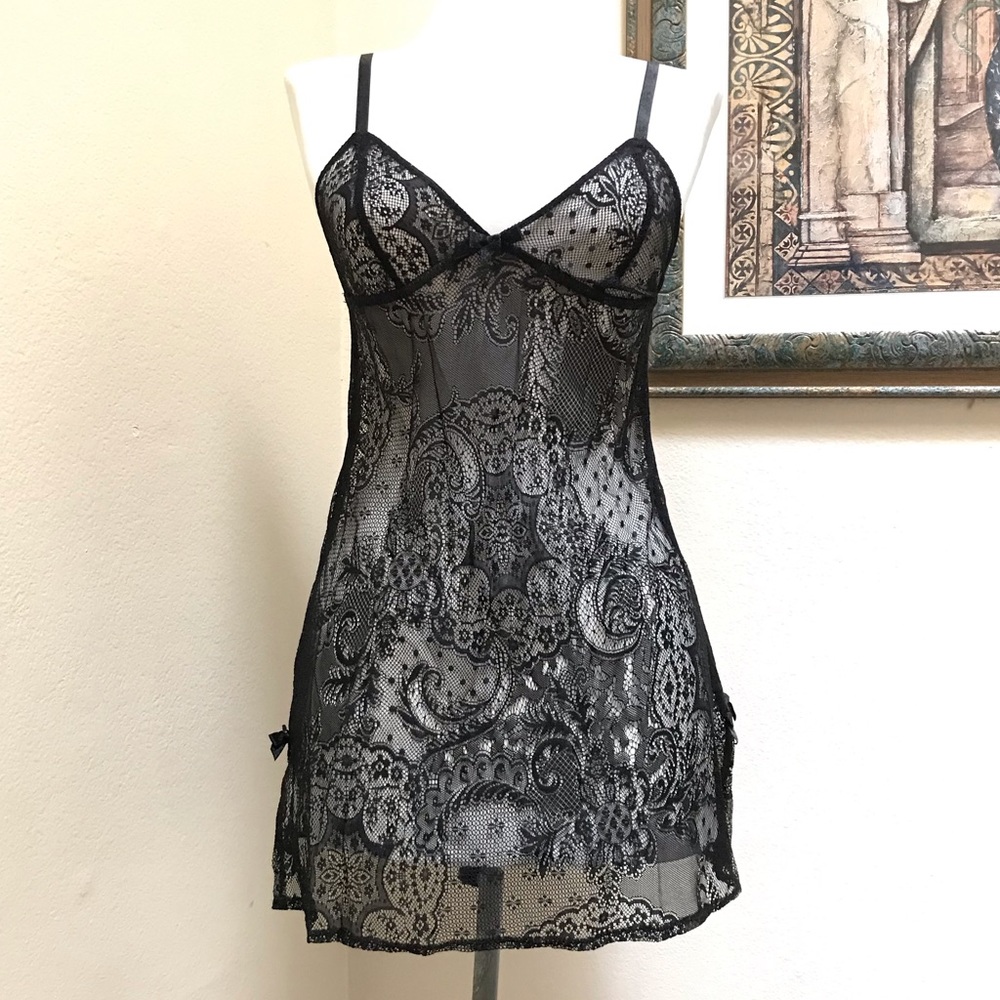 Y2K Vintage Victoria's Secret Slip Lingerie Black Lace Up Sheer Size S